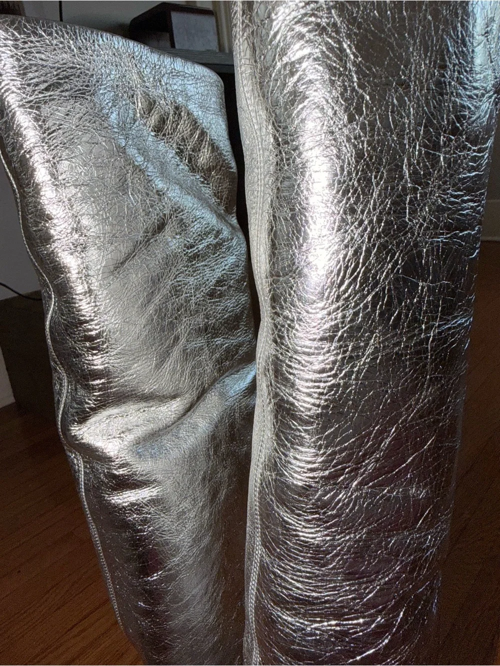 Paris Texas Jane Silver Over-the-Knee Crinkled Leather Metallic Boots New In Box